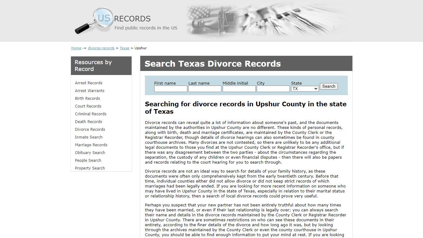 Search Divorce Records Upshur Texas | US Records