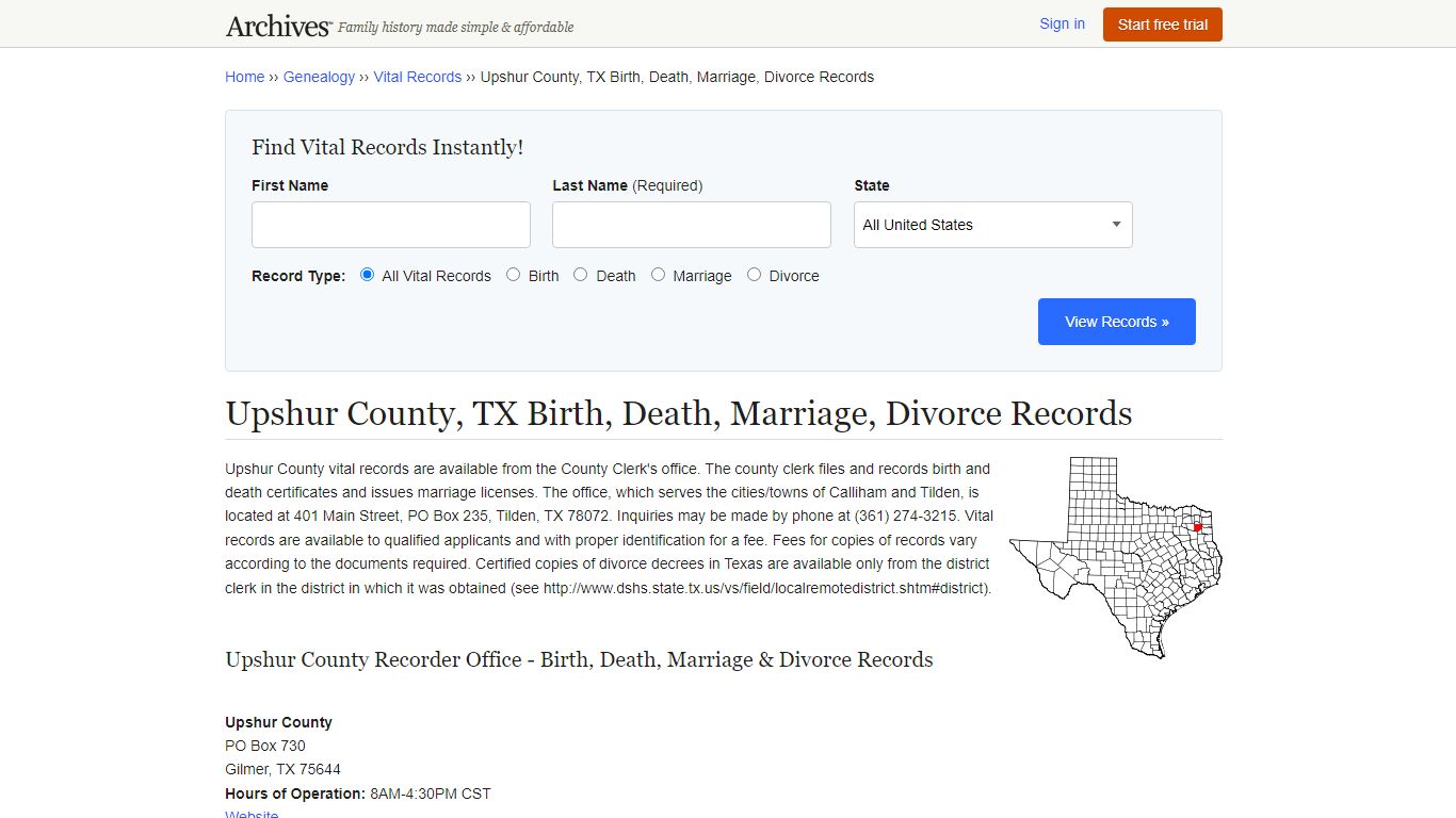Upshur County, TX Birth, Death, Marriage, Divorce Records - Archives.com