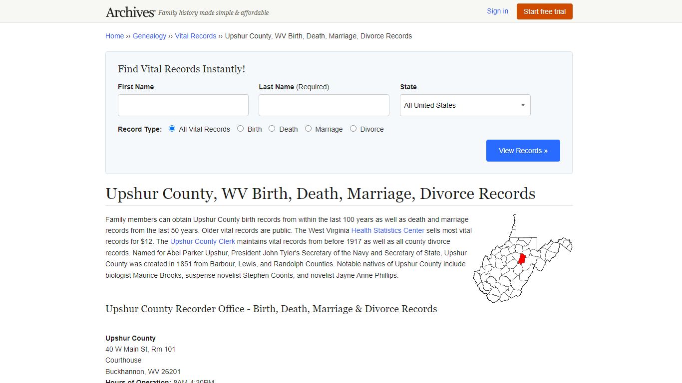 Upshur County, WV Birth, Death, Marriage, Divorce Records - Archives.com